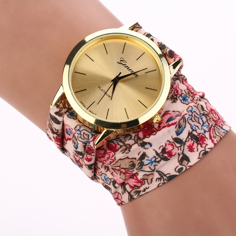 Women's Rose Cloth Band Quartz Analog Flower Dress Bracelet Wrist Watch
