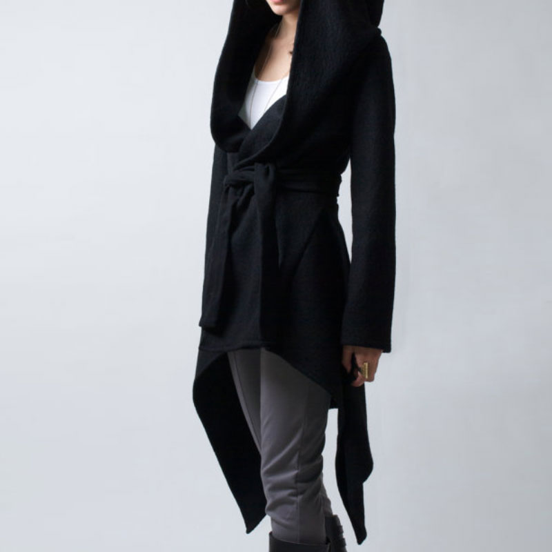 Women Hooded Swallow Tail Long Sleeve Jacket Overcoat Blazer Trench