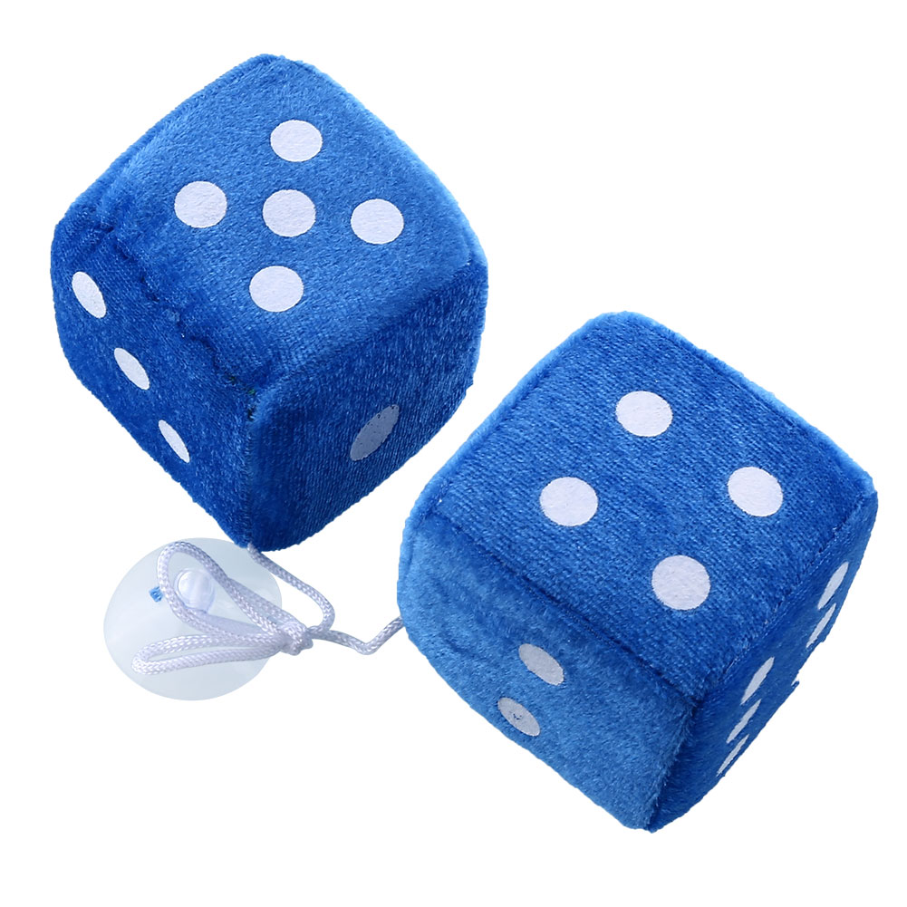 pair blue fuzzy dice dots rear view mirror hangers vintage car