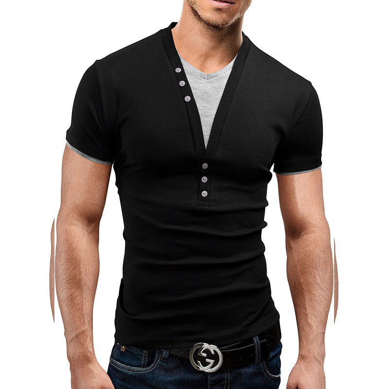 Men's V Neck Button Short Sleeve Top Blouse Pullover Fake Two-piece Tee ...